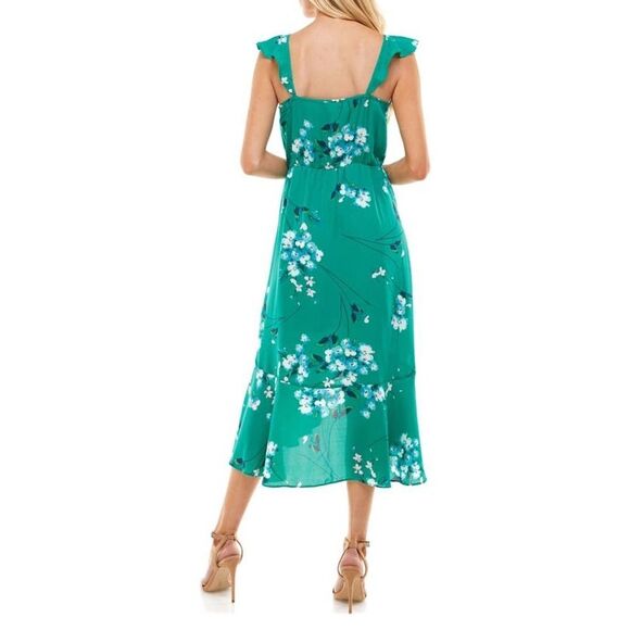 Socialite Ruffle Print Wrap Midi Dress Kelly Green Floral Women's Sz XS NWOT - Picture 2 of 7